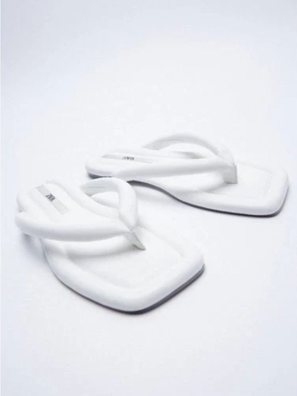 Zara White Puffy Square-Toe Flip Flop Sandals